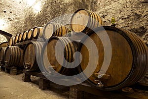 Wine barrels stacked in the old cellar