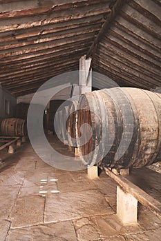 Wine barrels stacked in the old cellar of the vinery in Spain