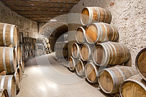 Wine barrels stacked