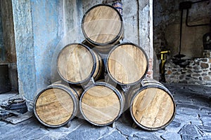 Wine barrels stacked