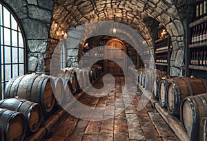 Wine barrels stacked in the old cellar of the winery
