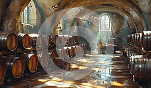 Wine barrels stacked in the old cellar of the winery.