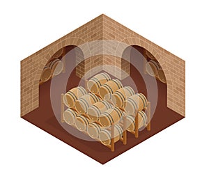 Wine barrels stacked in the old cellar of the winery. Isometric vector illustration