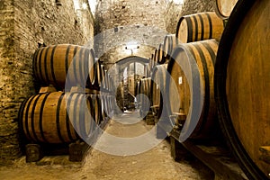 Wine barrels stacked