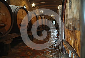 Wine barrels stacked in the old cellar of the winery. Red wine barrels in an old wine cellar