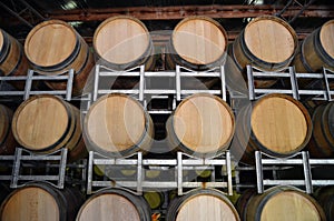 Wine barrels in storage at a winery