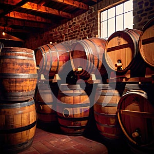 Wine barrels stored in winery warehouse as part of brewing process