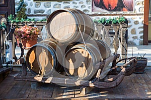 Wine barrels in the street in the town of Melnik Bulgaria