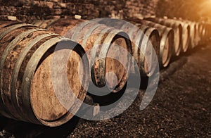 Wine barrels in wine-vaults in order photo