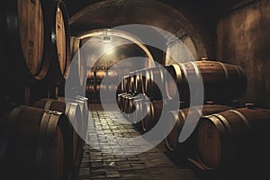 Wine barrels in a wine cellar. Oak Wine Barrels in winemaking and Winery Barrel room