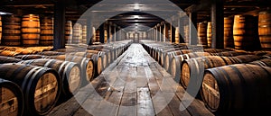 Wine Barrels in a Winery Cellar. AI Generated Image