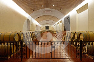 Wine barrels at the winery `Concho y Tora`.