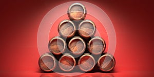 Wine barrels xmas tree shape stack on festive red background. 3d illustration