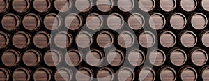 Wine, beer barrels stacked, brown color wood full background. 3d illustration