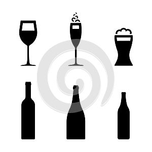 Wine, beer, champagne glass icon set. Bottle of different drinks black symbol pictogram.