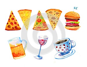 Wine, beer, pizza, burger and coffee hand drawn watercolor set for posters and cards