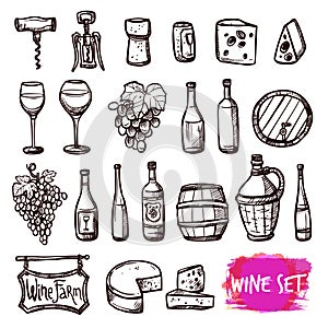 Wine black doodle icons set