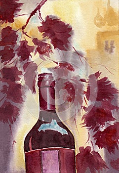 Wine bottle on background with grape red leaves. Hand drawn art painting with red dry wine and watercolor on paper texture