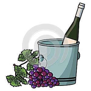 Wine bottle in bucket and grapes