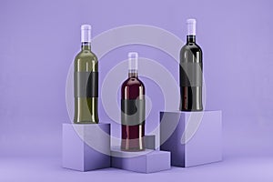 Wine bottle with clean mock up label on lavender background. Advertisement and branding, liqor and beverage concept.