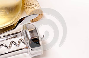 Wine bottle, cork and corkscrew