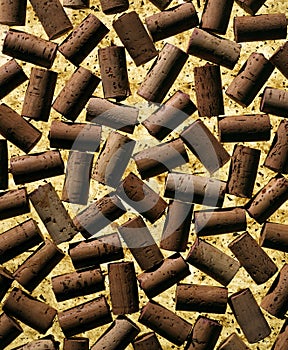 Wine bottle corks arranged on cork background