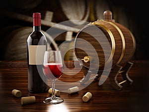 Wine bottle, corks, glasses and barrel. 3D illustration