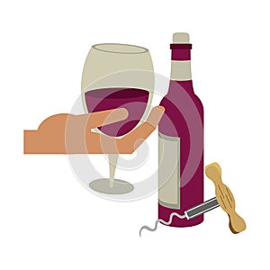 Wine bottle and corkscrew utensil icon design