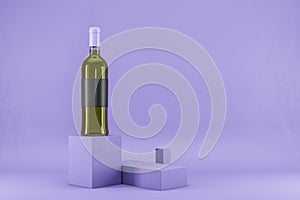 Wine bottle with empty mock up label on lavender background. Advertisement and branding, liqor and beverage concept.