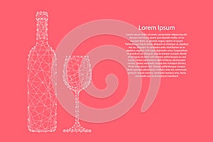 Wine bottle and glass from abstract futuristic polygonal white lines and dots on pink rose color coral background for banner, photo