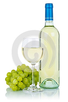 Wine bottle glass alcohol beverage grapes isolated on white