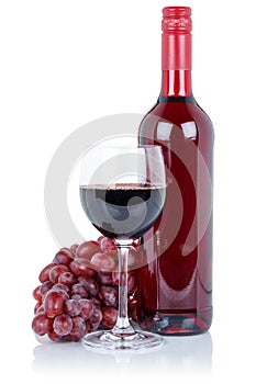 Wine bottle glass alcohol beverage red grapes isolated on white