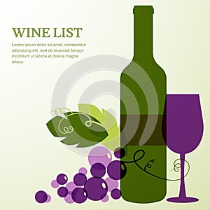 Wine bottle, glass and branch of grape with leaves.