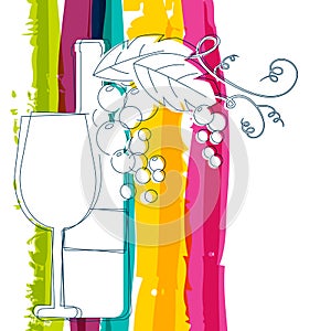 Wine bottle, glass, branch of grape with leaves and rainbow stri