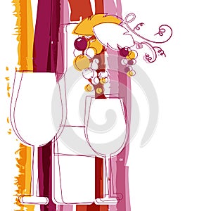 Wine bottle, glass, branch of grape and marsala stripes watercol