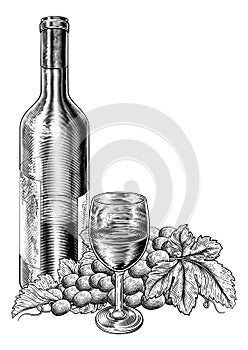 Wine Glass Bottle Grapes Vine Bunch Woodcut Style