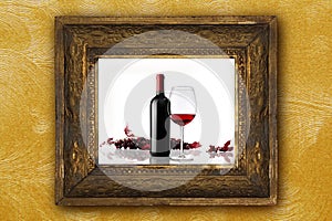 Wine bottle glass bunch red grapes old picture frame