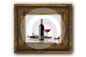 Wine bottle with glass and bunch red grapes wooden frame