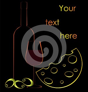 Wine bottle glass cheese, olive design background