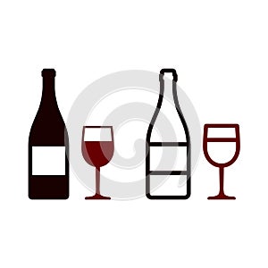 Wine bottle and glass flat art icon for apps and websites