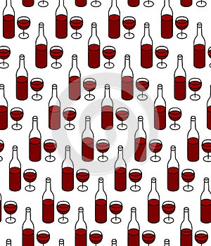 Wine bottle with glass full of red wine seamless pattern.