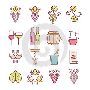 Wine bottle, glass, grape vine and leaf, food and drink