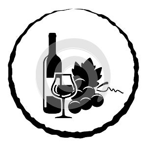 Wine bottle, glass and grapes, vector