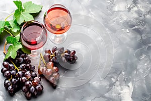 Wine bottle, glass and grapes isolated on a granite background. Rose wine splashing in glassware