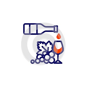 Wine bottle with glass and grapes line icon