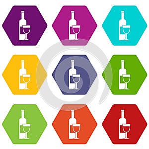 Wine bottle and glass icon set color hexahedron
