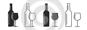 Wine bottle and glass icon vector graphic as alcohol drinks beverages sign simple pictogram black white flat glyph and line