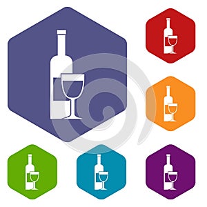 Wine bottle and glass icons set hexagon