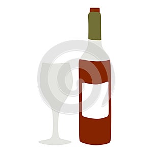 Wine bottle and glass isolated on white background. Flat vector illustration. Red alcohol beverage and wineglass, Festive and