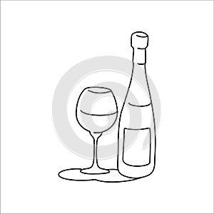 Wine bottle and glass outline icon on white background. Black white cartoon sketch graphic design. Doodle style. Hand drawn image